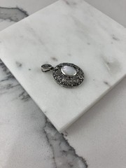 Vintage 925 Sterling Silver Mother Of Pearl Marcasite Deco Oval Pendant