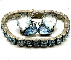 Vtg Light Blue Sapphire Pressed Glass Rose Earrings & Square Stone Bracelet 7″