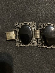Vintage Judy Lee Victorian Chunky Black Cabochon Filagree Silver Tone Bracelet
