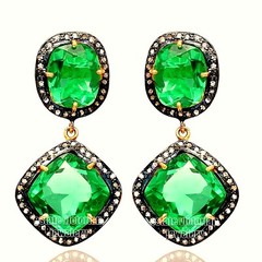 Gorgeous 1.07Ctw Rose Cut Diamond Emerald Studded Silver Vintage Earring Jewelry
