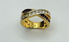 18kt Gold Plated Crossover Ring Signed GERG Clear Purple Amethyst Color Stones