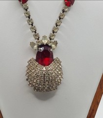 Vintage Kramer NY Red Rhinestone Statement Necklace Hollywood Regency Signed MCM