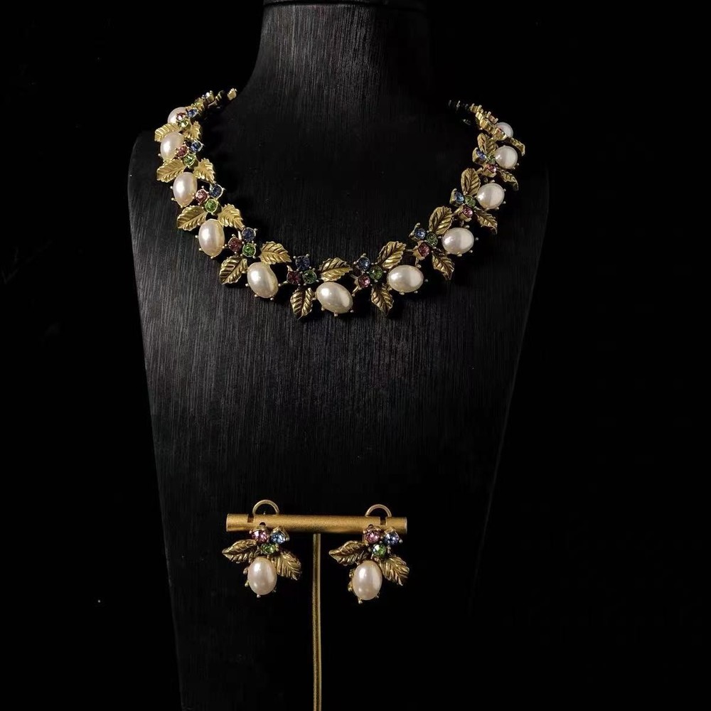Vintage Floral Pearl Necklace Earrings Set French Estate Garden Jewelry Gold