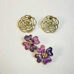 Vintage Y2K Flower Earring Set Purple Gold Floral Studs Whimsygoth Cottagecore