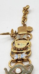 Vintage RARE HTF Signed Goldtone Kirks Folly Enameled Tea Party Watch w/Box 8″