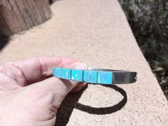 Vintage 925 Sterling Silver Blue Fire Opal Inlay Hinged Bangle Bracelet Mexico
