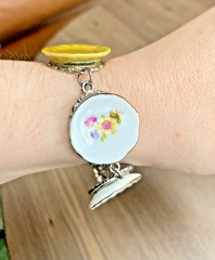 Vintage Porcelain Plate Charm Bracelet Floral Tea Party Cottagecore Pastel