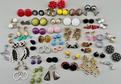 Vintage Clip Earrings Lot of 44 Mix Materials Enamel Lucite Glass Acrylic Stone