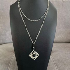 Vintage Modernist Geometric Pendant Necklace Simulated Black Onyx ~36”