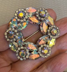 Vintage Signed Weiss Pink AB Rhinestone Circle Pin Brooch Marquise Wreath Floral