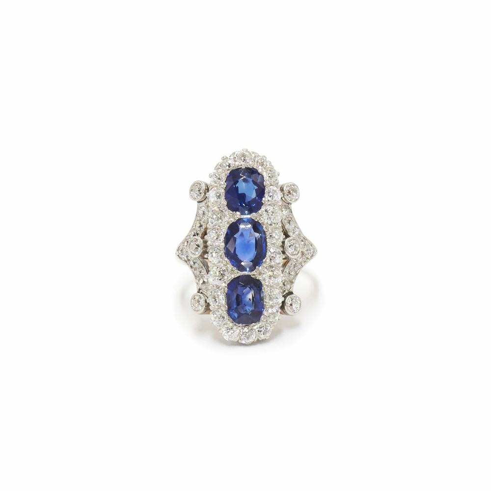 Three Vivid Blue Fancy Shape 2.53CT Sapphire With Old Mine Cut CZ Edwardian Ring