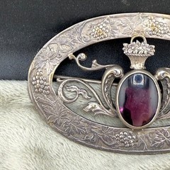 Vintage Sash Pin Brooch Grapes Flower Basket Purple Rhinestone