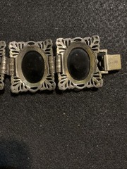 Vintage Judy Lee Victorian Chunky Black Cabochon Filagree Silver Tone Bracelet