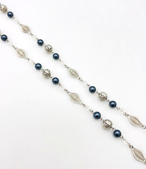 Vtg Signed Trifari Filigree Silver Tone Gray Faux Pearl Station Necklace 36 in