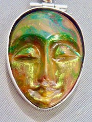 VINTAGE STERLING SILVER 925 RAINBOW LABRADORITE CARVED FACE PENDANT 1 3/4″