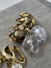 2 Pairs Vintage Gold Tone & Clear Rhinestone Clip-on Earrings Dangle Drop Style