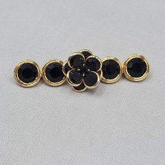 Vintage Black Rhinestone Flower Bar Brooch Bezel Set Gold tone 2.75″