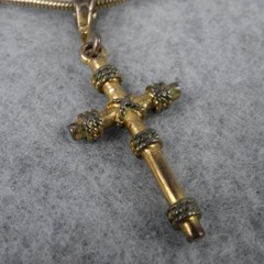 Vtg Costume Jewelry Cross Necklace Gold Tone Green Reversible Double Sided 18in