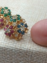Vintage Ciner Floral Rhinestone Clip Earrings Blue Green Red Gold Tone READ