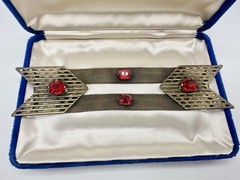 Antique Victorian Gold Tone Red Glass Mesh Belt Buckle Sash STrap? 6.5in Read