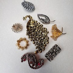 Vintage Rhinestone Brooch Lot 8pc Peacock Blue Crystal Sparkle Statement Mix
