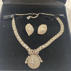 Vintage Signed HOBE Rhinestone Bib Necklace and Clip-On Earring Set