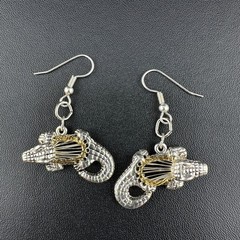 Vintage Pierced Earrings Silver Gold Tone Alligator Crocodile Two Tone Metal