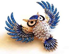 RHINESTONE OWL BROOCH! Enameled Wise Bird Pendant/Pin. Deep Blue Crystals.