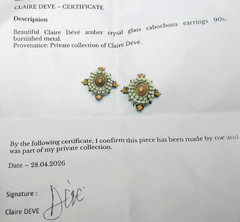 CLAIRE DEVE Paris France Amber Crystal Glass 1990’s Clip Earrings W/ COA!