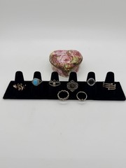 Vintage Estate Custom Jewelry Ring Lot, 8 Rings With Heart Shape Case