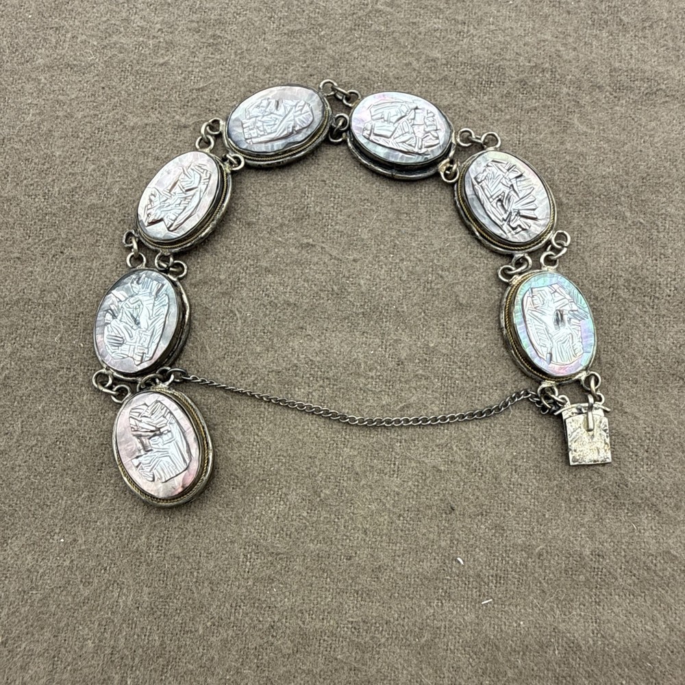 VTG 800 Silver & Gold Italy Carved Cameo Bracelet 7 Greek Gods Days Week 7.25”