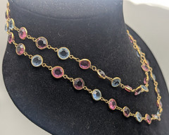 Vintage Gold Tone Pink Blue Purple Crystal Station Necklace Bezel 36in