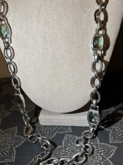 Vintage Anne Klein Silver Tone Chain Link Long Necklace With Green Blue Glass