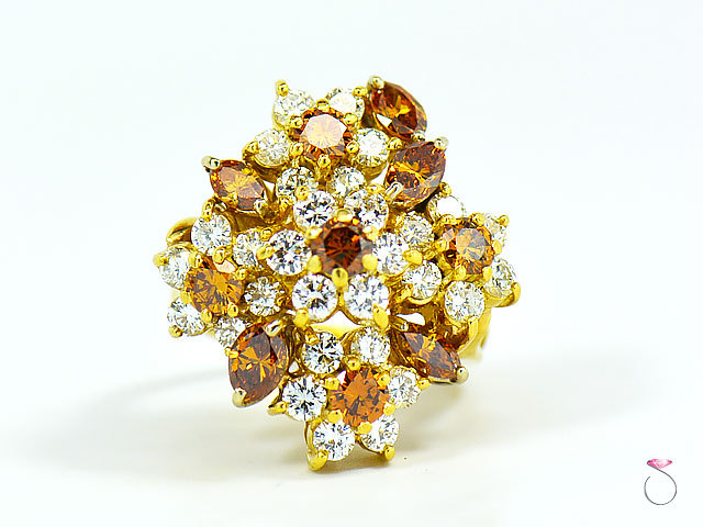 Vintage Designer Fancy Vivid Orange & White Diamond Floral Cluster Ring