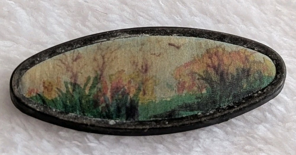 Vintage Framed Art Brooch Hand Painted On Silk Birds Flowers Landscape Design