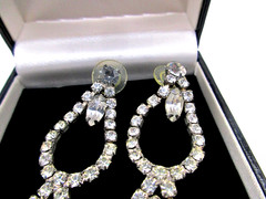 Vintage Clear Rhinestone Double Hoop Long 3″ Dangle Stud Pierced Earrings