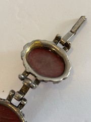 Vintage Lucite Oval Shaped Red Confetti Cabochons Silver Plated Metal Bracelet