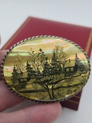 Vintage Russian ABA ’73 Hand-Painted Mother of Pearl Brooch Winter Scene Soviet
