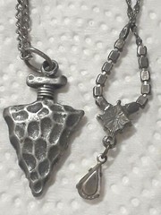 Lot of silver tone chain necklaces with rhinestone pendants. Coin, Love + Luck