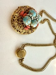 Unique Miriam Haskell Gold Tone Oval Locket Pendant Necklace Turquoise Signed