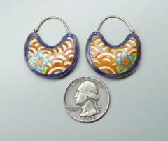 Vtg 2 Sided Thousand Flowers Cloisonne Enamel Earrings Asian Floral Puff 1.25″ H
