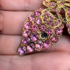 Vintage Pot Metal Rhinestone Brooch Pink Grapes Flowers Bow Gold Tone READ