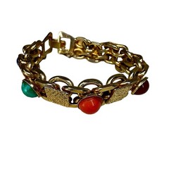 Vintage MCM Etruscan Revival Multi Color Cabochon Book Chain Bracelet 6.25″