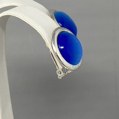 Vtg Stud Button Earrings Silver Tone Metal Blue Moonglow Cabochons Clip On Retro