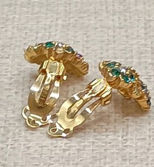 Vintage Ciner Floral Rhinestone Clip Earrings Blue Green Red Gold Tone READ