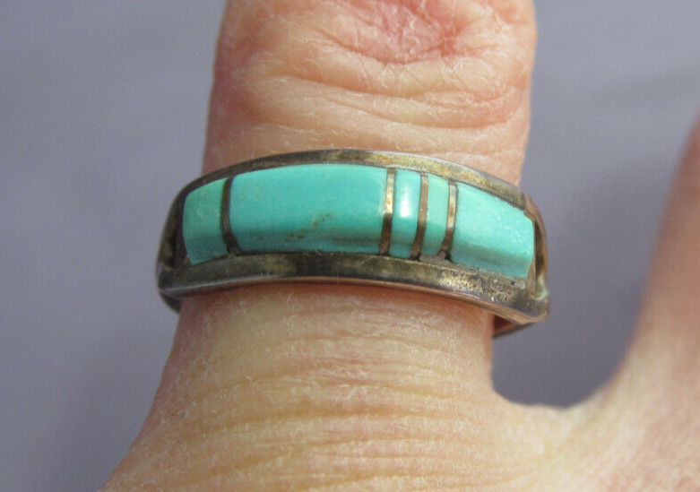 VINTAGE OLD PAWN STERLING ZUNI CS LONJOSE TURQUOISE INLAY RING SIZE 4.5