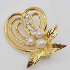 Heart Modernist Abstract Faux Pearl Rhinestone Open Metal Gold Tone Brooch Pin