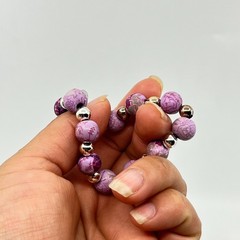 VTG Jilzara Y2K Purple Floral Polymer Clay Bead Stretch Bracelet Silver Accents