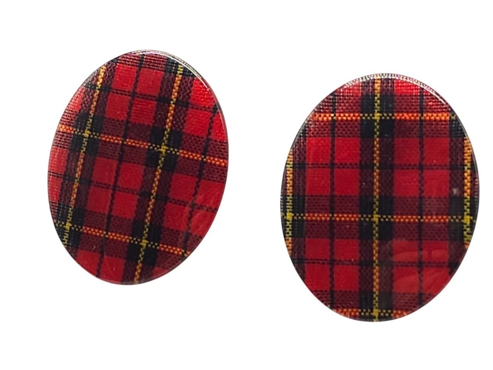Red Tartan Plaid Oval Button Stud Earrings Vintage Design 1.5 Inches