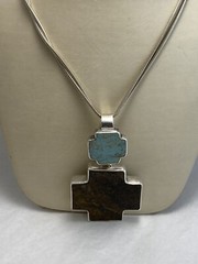 Large Pendant Square Double Cross Howlite & Bronzite Blue Brown 2 3/4″